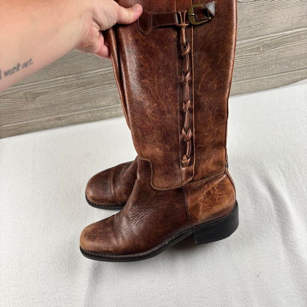 Nicole Brown Leather Tall Riding Boots Women’s 7 Braided Buckle Brazil